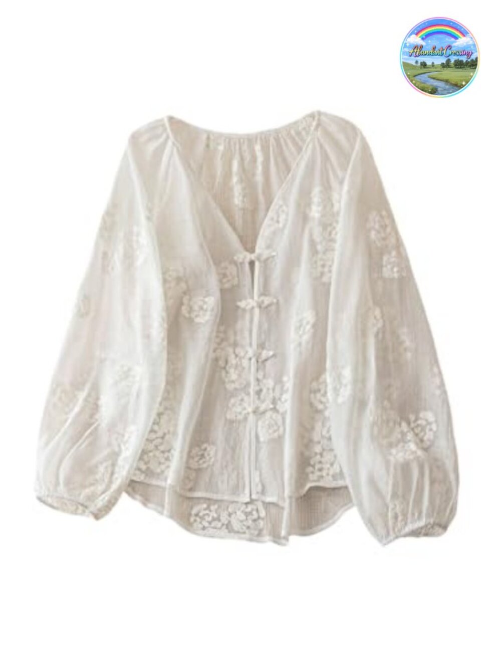Boho Peasant Blouse Long Sleeve Floral Embroidered Tie Front Top